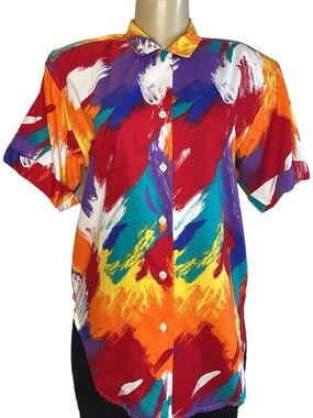 Vintage 80s Laura Michele Colorful Paint Print Blouse